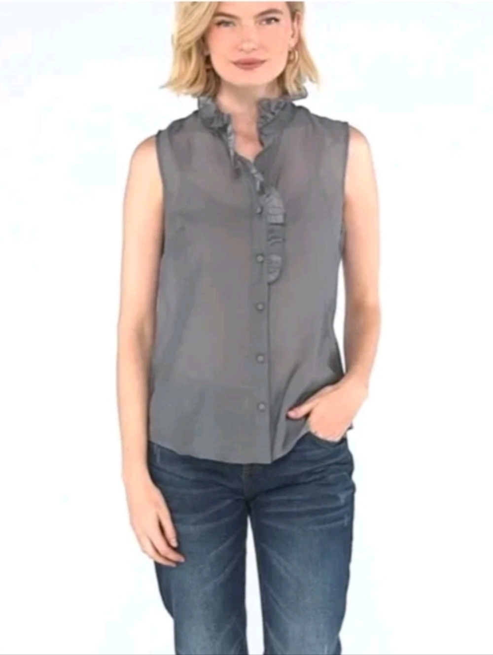 Cabi "Coin Top" Sleeveless Ruffle Blouse In Nickel Gray Size Large